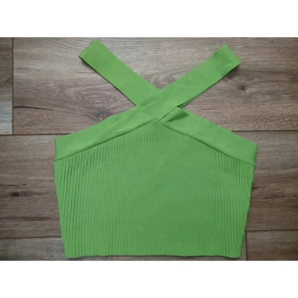 Debut Sz S/M Green Cropped Cross Neck Stretchy Halter Top Thick Ribbed Material - Picture 1 of 4